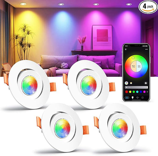 Smart 3 Inch LED Recessed Lighting, Ultra-Thin 60°Adjustable Downlight, 5W WiFi Compatible with Alexa and Google Home, Dimmable RGB & CCT 2700K-6500K, 120V Ceiling Light with LED Driver, 4 Pack