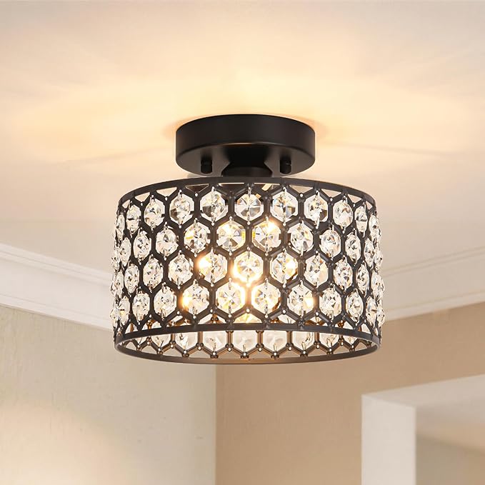 Black Crystal Ceiling Light Fixture - Modern Semi Flush Mount Ceiling Chandelier Lighting for Hallway, Kitchen & Foyer | Dazzling Prism Chandelier with Easy Installation,1 Light, 9 in