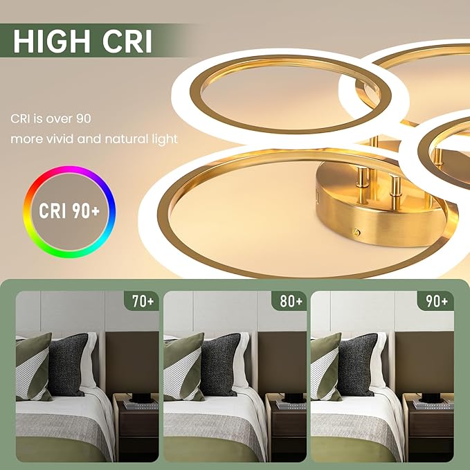 Modern LED Ceiling Light, 4 Rings LED Dimmable Flush Mount Ceiling Light with Remote Control, Gold Close to Ceiling Lamp for Kitchen Living Room Bedroom Laundry Room Ceiling Lighting Fixture