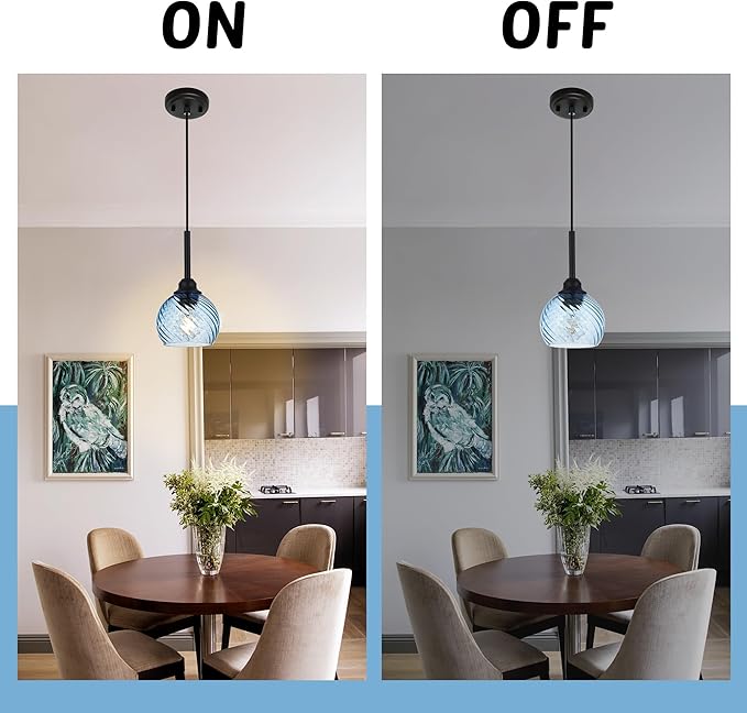 2 Pack Pendant Lights Kitchen Island with Blue Striped Swirl Globe Glass, Modern Hanging Light Fixtures Semi Flush Mount Stylish Black Pendant Lighting for Dining Room Hallway Bedroom Bar