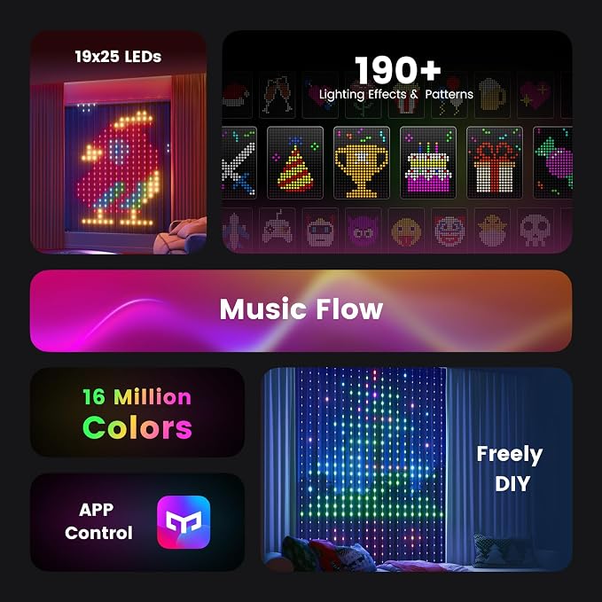 Smart Curtain Lights, 5 x 6.5 ft RGB LED Curtain Lights with App Control, 475 LEDs, 100+ DIY Patterns, 20+ GIF Scene Modes, Music Sync, IP65 Waterproof Lights for Bedroom, Window, Party, Outdoor Decor