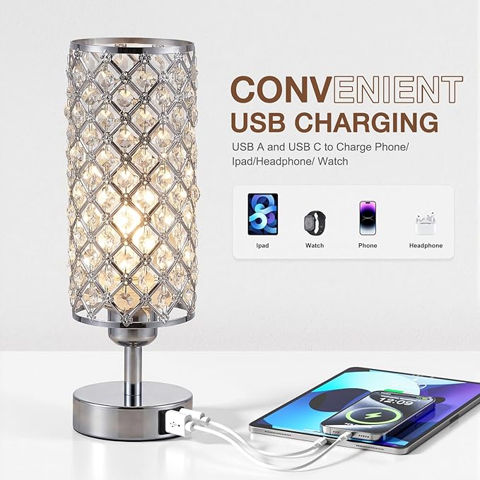 Crystal Table Lamp with USB C+A Charging Ports for Phone&Clock&Headphone, Bedside Lamps with Touch Control, Modern Design Small Lamp for Bedroom, Living Room(Sliver)