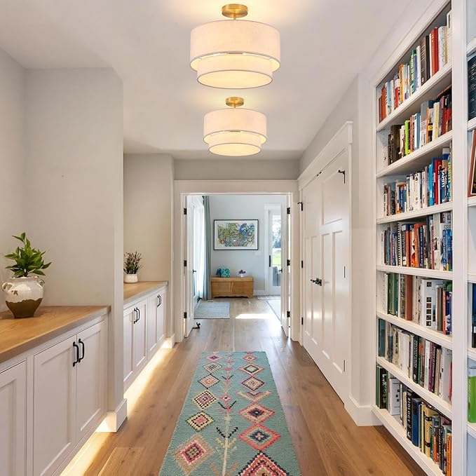 16" Drum Light, 3-Light Flush Mount Ceiling Light with 2-Tier Linen Fabric Shade, Gold Drum Light Fixture for Dining Room, Entryway, Bedroom, Kitchen, Hallway