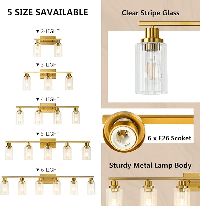 Jonsi Brushed Gold Bathroom Light Fixtures, 6-Light Brushed Gold Vanity Light, Bathroom Vanity Light with Stripe Glass Shade, E26 Wall Sconces Over Mirror for Bathroom, Living Room, Hallway