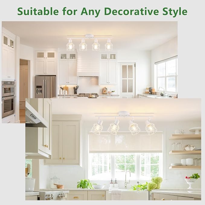 4-Lights Kitchen Light Fixtures Ceiling Mount, Adjustable Multi-Directional White Flush Mount Ceiling Light Fixture with Metal Cage, Modern Spot Ceiling Lamp for Hallway, Dining Room, Bedroom