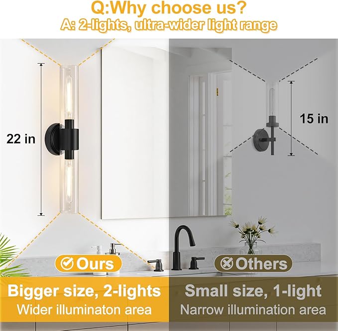 Wall Sconces Set of Two,Matte Black Bathroom Sconces with Clear Glass, Hardwired Sconces Wall Decor Set of 2, Modern Wall Vanity Light Fixtures for Bathroom Mirror Bedroom Living Room Hallway