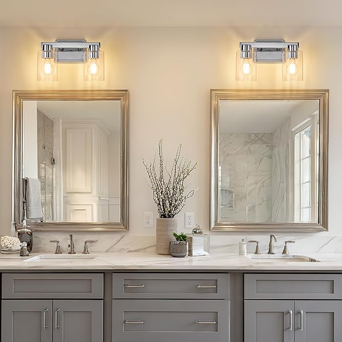 2-Light Bathroom Light Fixtures Modern Chrome Vanity Lights with Clear Glass Shade Wall Sconces Over Mirror for Bathroom, Powder Room, Living Room