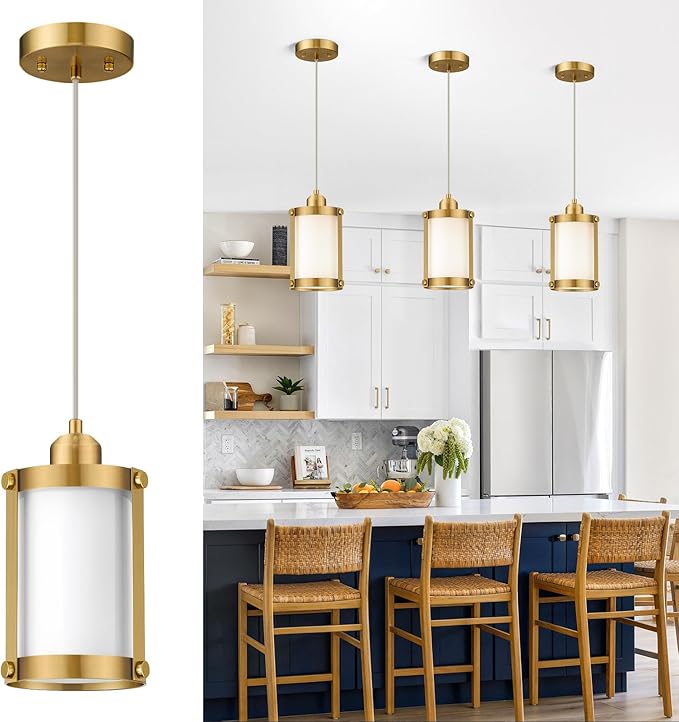 Brushed Gold Pendant Lights Kitchen Island, 1-Light Modern Brass Mini Hanging Light Fixtures with Milk Glass, Farmhouse Kitchen Pendant Lighting Over Island for Sink, OS-3014-1PBGW