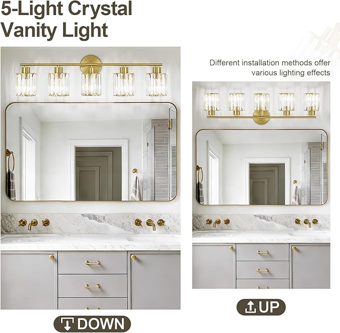Crystal Bathroom Light Fixtures,Bathroom Lighting Fixtures Over Mirror, Modern 5-Light Gold Vanity Lights for Mirror, Restroom,Kitchen(Ceramic E26 Socket,Bulbs Not Include)