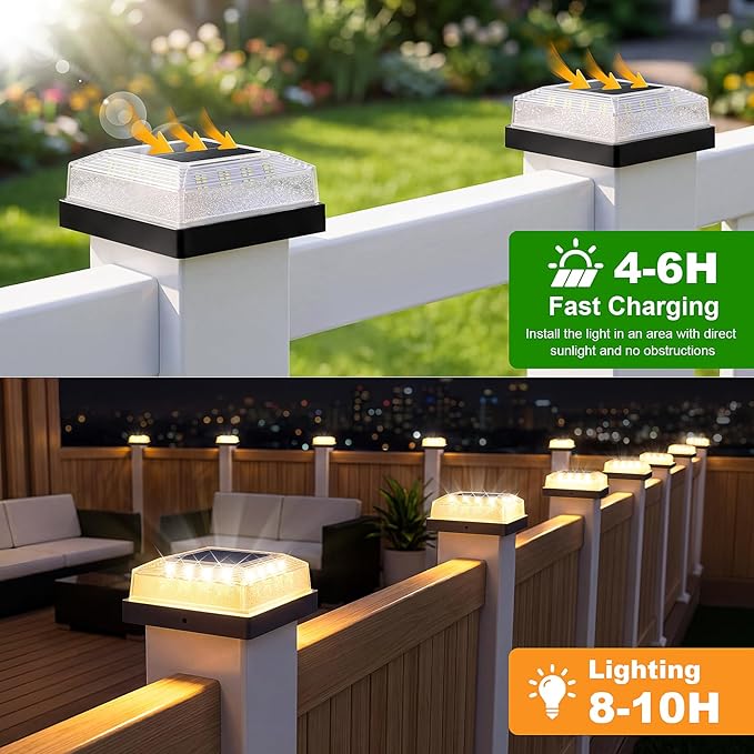 Brightever 3.5x3.5 4x4 Solar Post Cap Light Outdoor, 12-Pack Fence Post Solar Lights for Wooden/Vinyl Posts, 3 Lighting Modes, Solar Powered Waterproof Deck Post Lights for Garden Patio, Black