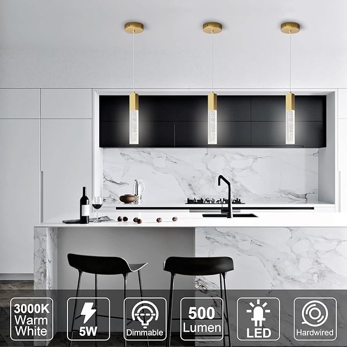 Brass Pendant Lights Kitchen Light Fixture Dimmable Integrated LED Modern Pendant for Kitchen Island Mini Crystal Pendant Light for Bathroom Bedroom 3000K Warm Light(2-Pack)