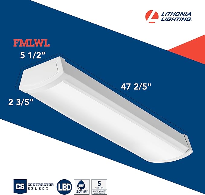 Lithonia Lighting 4 Foot LED Light Fixture, Low-Profile Linkable LED Wraparound Flush Mount Ceiling Light, Adjustable Lumens, Selectable White Color, 120V, 48-Inch (FMLWL LNK 48 ALO4 8SWW2)
