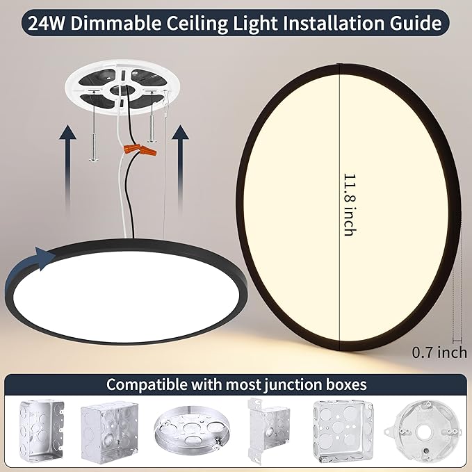 12 Inch Flush Mount Ceiling Light, 24W Dimmable LED Fixture 2400LM, 3000K/4500K/6000K Adjustable, Ultra Thin Round Ceiling Lamp for Bedroom, Kitchen, Living Room, Dining Room, Bathroom, Black