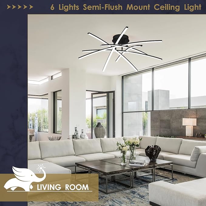 Modern 32.8" LED Chandelier Ceiling Light 6-Lights Black Dimmable Semi Flush Mount Ceiling Light Fixtures with Remote for Living Room Bedroom Kitchen 65 W 3000K-6000K