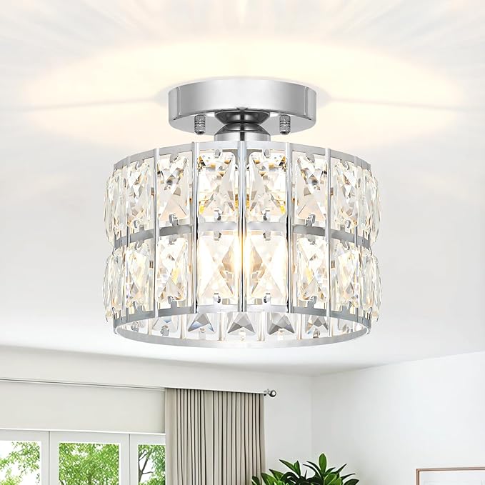 Crystal Ceiling Light Fixture, Modern Chrome Crystal Chandelier, Small Semi Flush Mount Ceiling Lighting, Round Hallway Lighting for Kitchen Entryway Bedroom Bathroom, 1-Light, 8.8 Inch