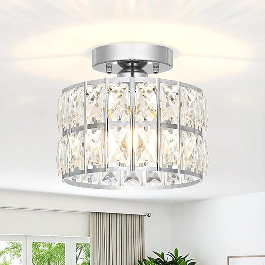Crystal Ceiling Light Fixture, Modern Chrome Crystal Chandelier, Small Semi Flush Mount Ceiling Lighting, Round Hallway Lighting for Kitchen Entryway Bedroom Bathroom, 1-Light, 8.8 Inch