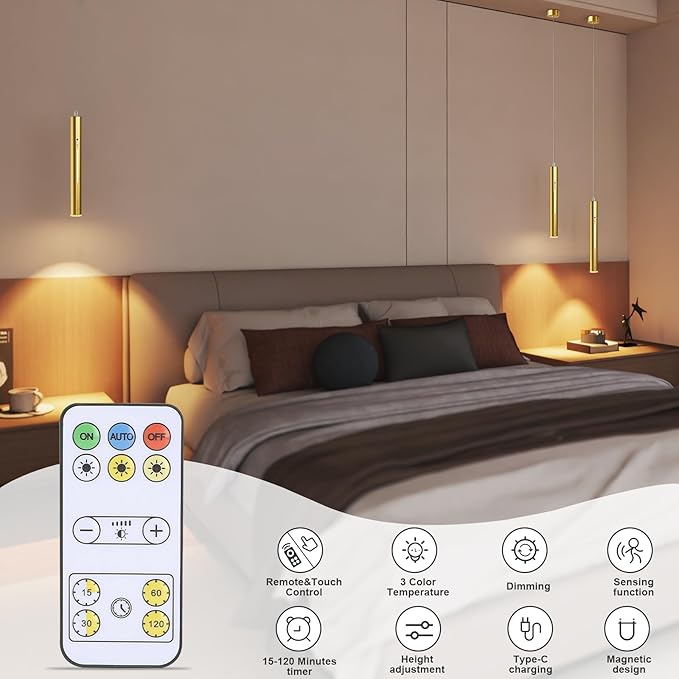 Lightess Battery Operated Pendant Light Motion Sensor Set of 2, Wireless Chandelier with Remote, 3 Color Dimmable, 6000mAh Hanging Light for Kitchen Island Dining Room Bedroom, Gold