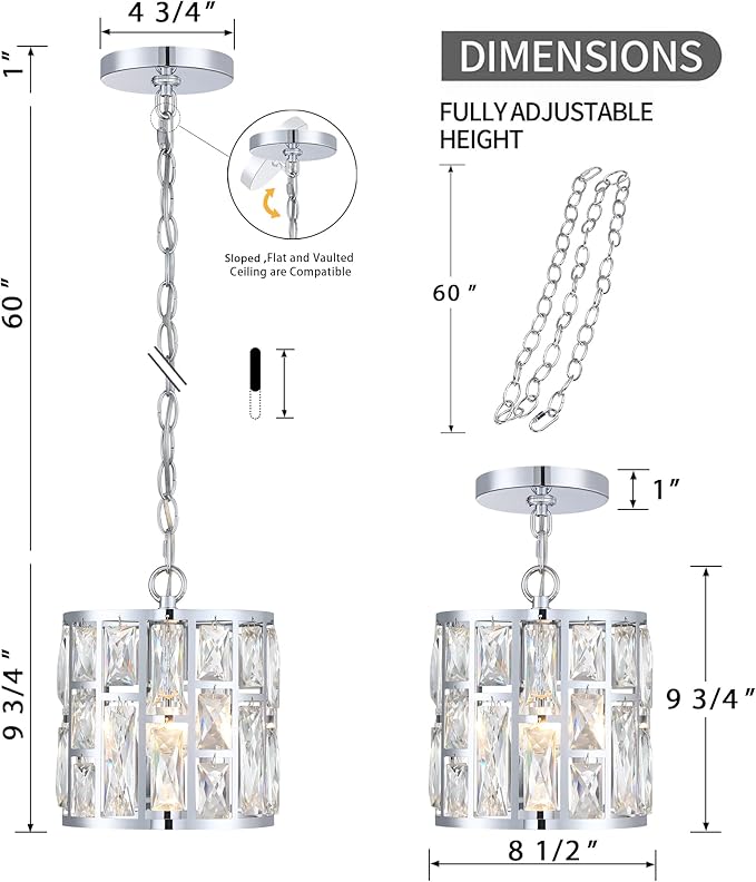 MEXO Modern Crystal Pendant Light,Chrome Chandelier Light Fixture, Cylinder Adjustable Height Pendant Lights for Kitchen,Dining Room,Living Room,Foyer,Hallway
