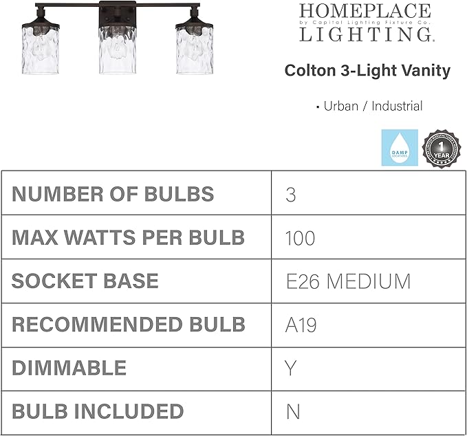 HomePlace Lighting 128831BZ-451 Colton Mid-Century Clear Water Glass Bathroom Vanity Wall Light, 3-Light 300 Total Watts, 10" H x 24" W, Bronze