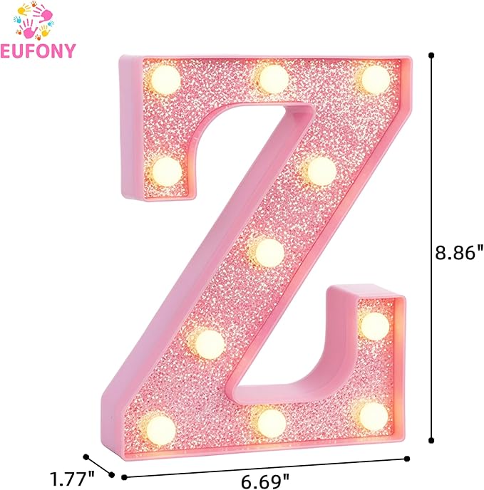 Pink Marquee Light Up Letters, Glitter Alphabet LED Letter Lights for Pink Birthday Party Decorations, Battery Operated Letter Sign for Girls Room Vanity Table Decor, Warm White Lights Letter Z
