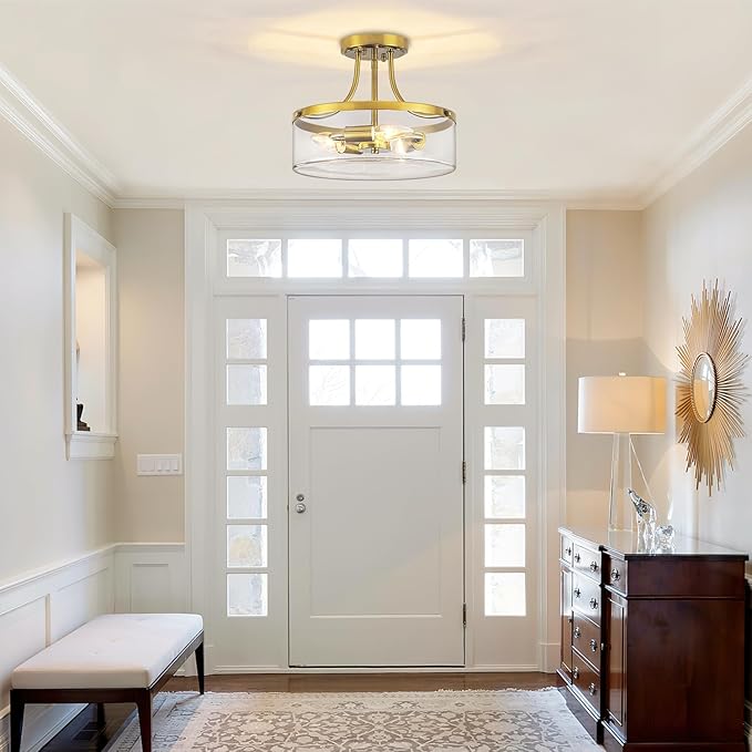 Brushed Gold Semi Flush Mount Ceiling Light, 11.81" Kitchen Lighting Fixtures Ceiling with Glass Shade, 3-Light Modern Hallway Light Fixtures for Entryway Bedroom Bathroom Foyer Laundry Dining Room