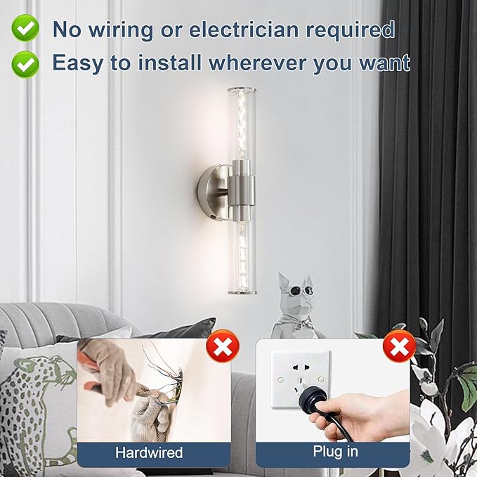 Battery Operated Wall Sconces Set of Two Modern Rechargeable Wall Sconces with Remote Control LED Sand Nickel Wall Lights for Living Room Bedroom (2 Pack)