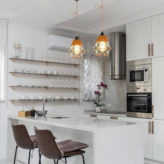 2X Battery Operated Pendant Lights Kitchen Island Chandelier for Outdoor Gazebo Hanging Lamp with Remote LED Bulbs Bohemian Decor for Plant Shelf Shelves Porch Bedroom Living Room Corner