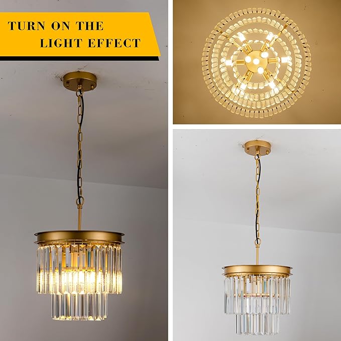 3-Pack Crystal Pendant Lights 11.8" Modern Crystal Chandelier 3-Light 2-Tier Luxury Gold Round Hanging Lighting Fixture for Dinning Room Bedroom Living Room Foyer Kitchen Island
