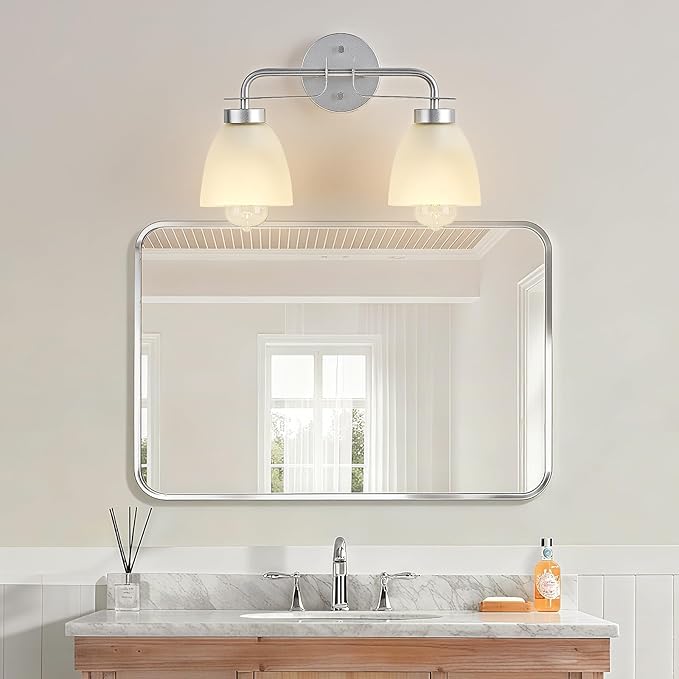 16 Inch Mid-Century Modern Vanity Lights, 2-Light Silver Bathroom Light Fixture with Frosted White Bell Shades, Industrial Wall Sconce for Mirror Over Vanity, Bedroom, Hallway (2 Pack)