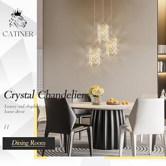 CATINER 1-Light Gold Crystal Pendant Light, Mini Ceiling Hanging Light Fixture with K9 Prisms for Kitchen Island, Bathroom, Bedroom, or Bar