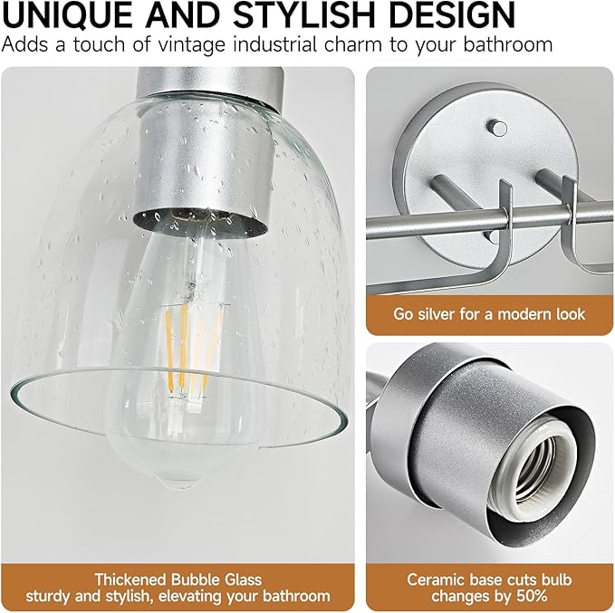 16 Inch Vanity Lights, 2-Light Silver Vintage Industrial Bathroom Light Fixtures with Bell Bubble Glass Shade, Wall Sconce for Bathroom Mirror, Bedroom, Hallway (2 Pack)