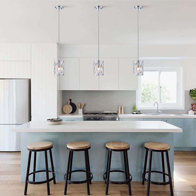 3-Pack Crystal Pendant Light, Modern Chrome Finish Hanging Lighting with Clear Crystal, Adjustable Height Mini Island Light Fixture for Kitchen, Dining Room and Living Room
