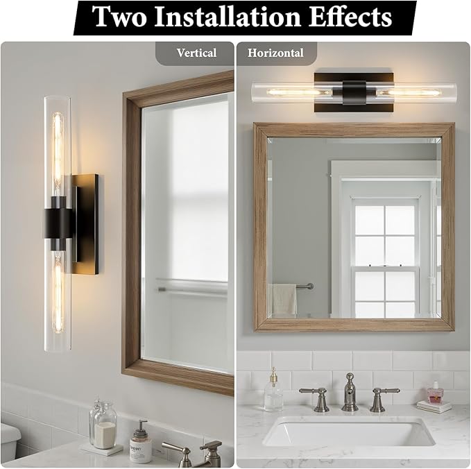 Black Brass Bathroom Wall Sconce - Set of 2 Modern Linear Light Sconces - Clear Glass Tube Vanity Lights - Vertical or Horizontal Mounted Dimmable Lighting Fixtures for Indoor Living Room Hallway