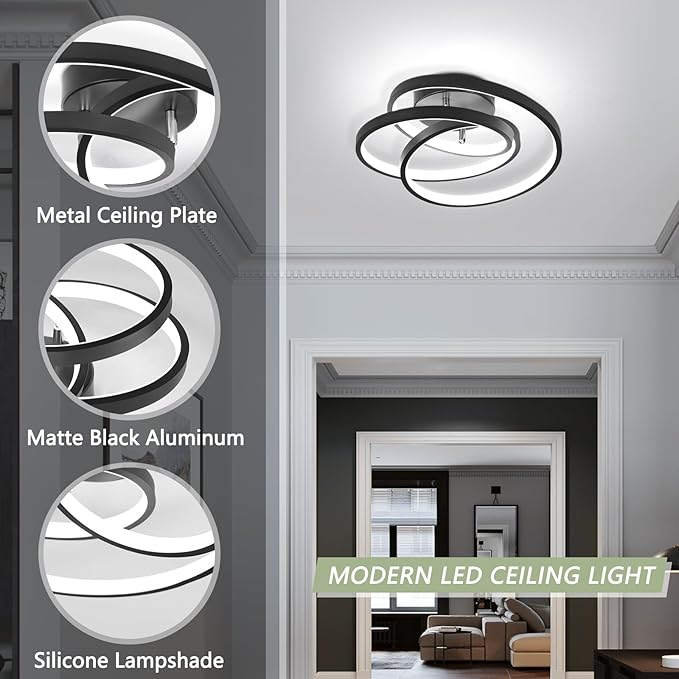 Black LED Ceiling Halway Light,6000K Modern LED Ceiling Light Fixture,Creative Design Close to Ceiling Lamp for Hallway Bedroom Dining Room Kitchen Bathroom Ceiling Lighting Fixtures