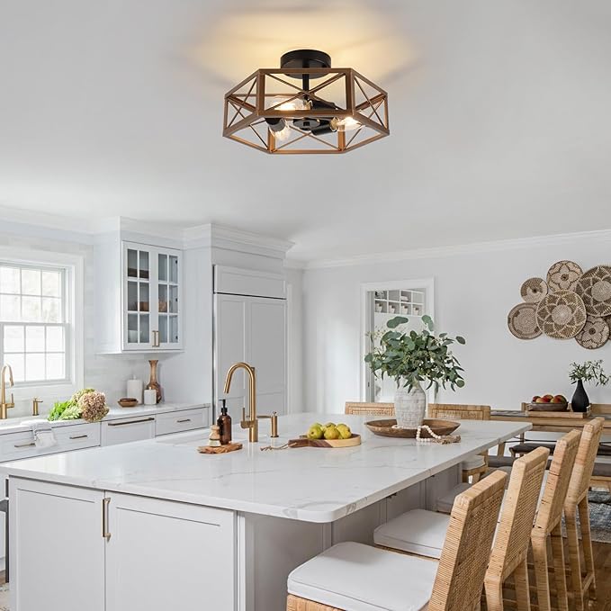 WILON Flush Mount Ceiling Light Fixture for Kitchen - 3 Light Industrial Close to Ceiling Lighting, Bronze Farmhouse Metal Cage Hexagon Lamp for Hallway Kitchen Dining Room Entryway Foyer