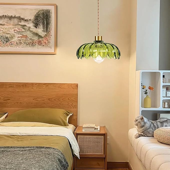 QIYIZM Plug in Pendant Light Hanging Lights with Plug in Cord Boho Hanging Lamp Glass Gold Mid Century Modern Vintage Dimmable Green Flower Plug in Chandelier Ceiling Fixture for Living Room,Kitchen