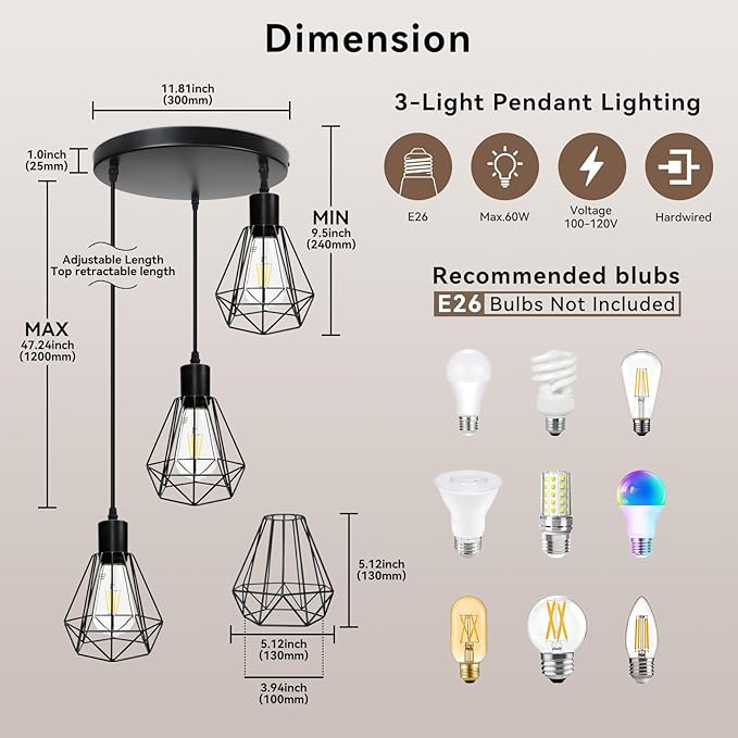 LTBLIGHT 3-Light Farmhouse Pendant Light Fixture, Vintage Hanging Lights with 1.2m Adjustable Cord, Ceiling Lighting for Kitchen Island Dining Room Hallway, E26 Base (Bulbs Not Included)