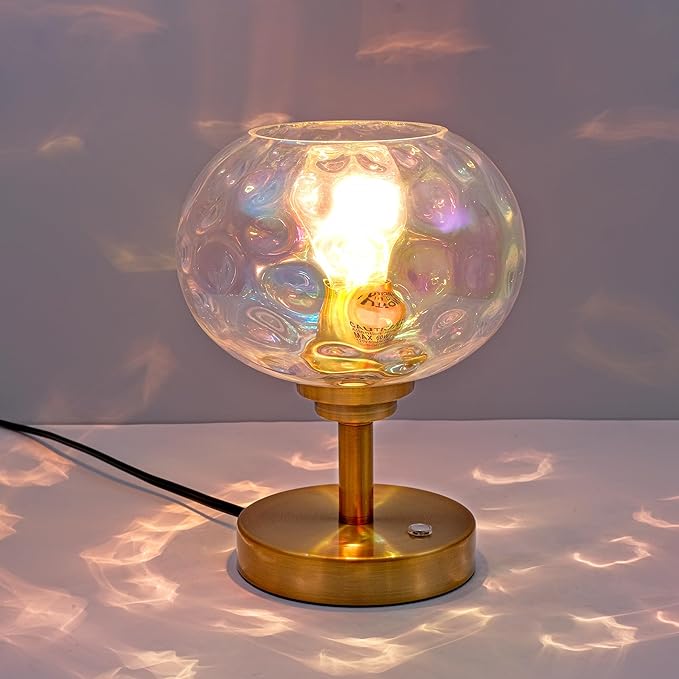 Touch Control Hammered Glass Table Lamp Brass Gold Portable Dimmable Brightness Small Nightstand Light 3-Way Stepless Dimming Bedside Bedroom Living Room (Stained Glass & Gold)