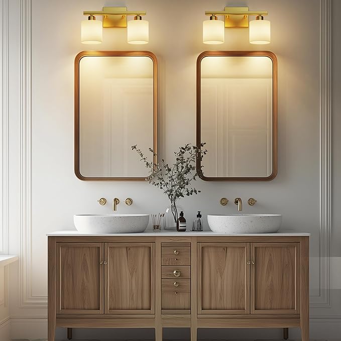 PARTPHONER Bathroom Light Fixtures, Bathroom Lighting Fixtures Over Mirror, Interior Classic Vanity Lights, Modern Vanity Light with Textured White Glass Shade, Brushed Gold, 2-Light