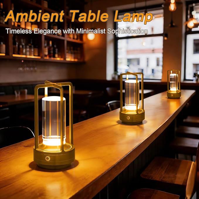 Rechargeable Table Lamp Cordless, 3 Color | Crystal | Stepless Dimming, for Bedroom, Cafe, Camping, Bar, Dining Table, Restaurant, Gold (2 Pack)