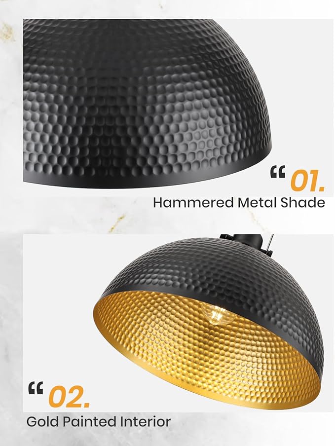 16 Inch Black Hammered Pendant Light 2 Pack, Vintage Pendant Lights Kitchen Island Adjustable Height, Large Dome Pendant Light Fixtures for Kitchen, Dining Room, Bedroom,Bar