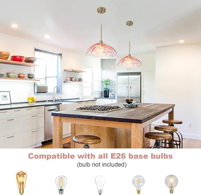 Pink Glass Pendant Lights Kitchen Island, 14'' Vintage Hanging Light Fixtures with Hammered Glass Flower Shade, Brass Pendant Ceiling Light for Kitchen Sink Hallway Bedroom