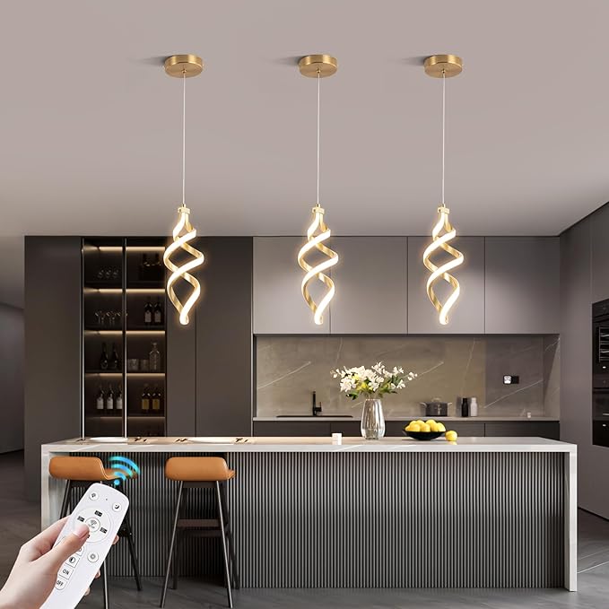 Modern Led Pendant Light Fixture, 15W Spiral Led Chandelier Hanging Lamp, 3000K-6000K, Dimmable Pendant Lamp, Adjustable Height Pendant Light for Kitchen Island Dining Room Bedroom Cafe (Gold)