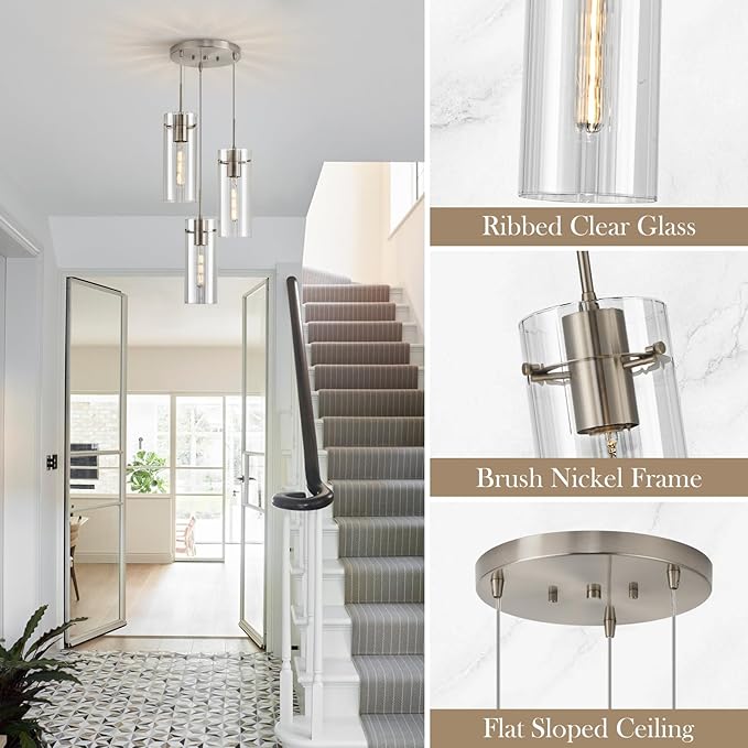 Modern Cluster Pendant Lights, Brushed Nickel Cluster Chandelier with Clear Ribbed Glass, 3 Light Pendant Lighting for Kitchen Island, Staircase, Dining Room, Living Room