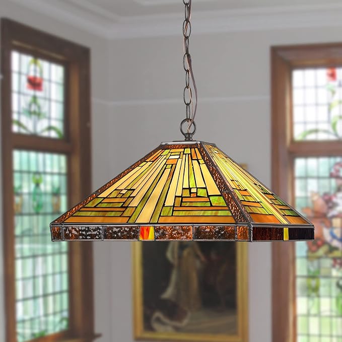 Capulina Tiffany Lamp Stained Glass Pendant Lights 16” Wide Antique Rustic Tiffany Style Hanging Lamp for Kitchen Island Counter Dining Room Hallway Office