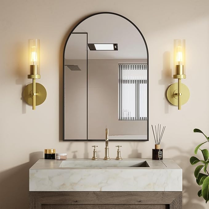 Wall Sconces Set of 2 (with 2 Bulbs), Modern Bathroom Wall Sconces Lighting with Thickened Glass, Hardwired Wall Mount Light Fixtures for Bathroom, Bedroom, Hallway, Living Room(Gold)