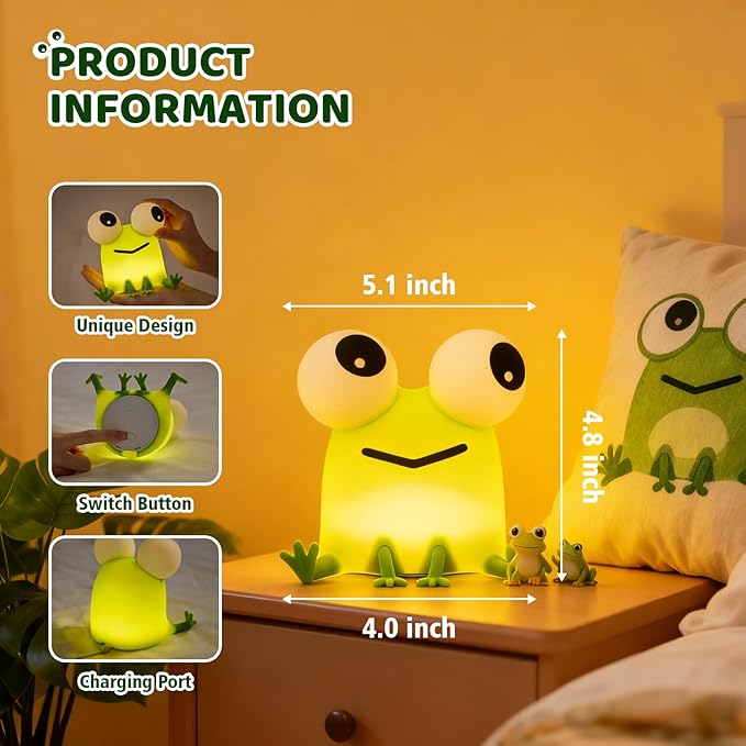 Frog Night Light with Timer Dimmable 3 Brightness 7 Colors Kawaii Frog Lamp Warm Sleep Aid USB Rechargeable Portable Night Lamp Decor for Girl Boy Nursery/Bedroom/Desk/Office
