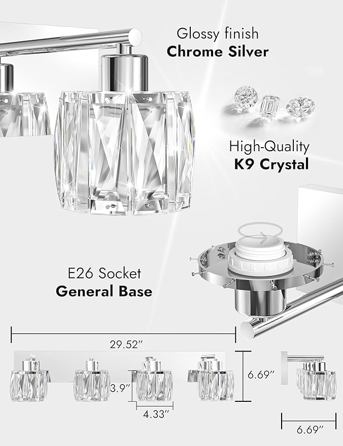 VOLISUN Crystal Vanity Lights for Bathroom, 4 Light Modern Stainless Steel Bathroom Light Fixtures Over Mirror, Chrome Bathrooms Lights Fixtures - UL Certificated (Exclude Bulb)