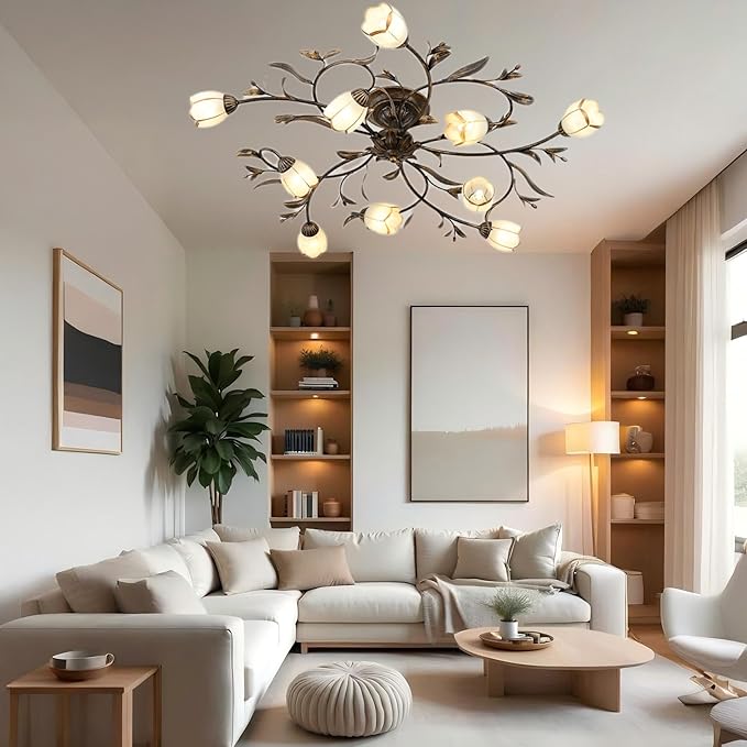 39.5 Inch 10-Lights Branch Shaped Creative Retro Style Flower Vine Ceiling Light Fixtures for Living Room, Bedroom, Kitchen, Study Room