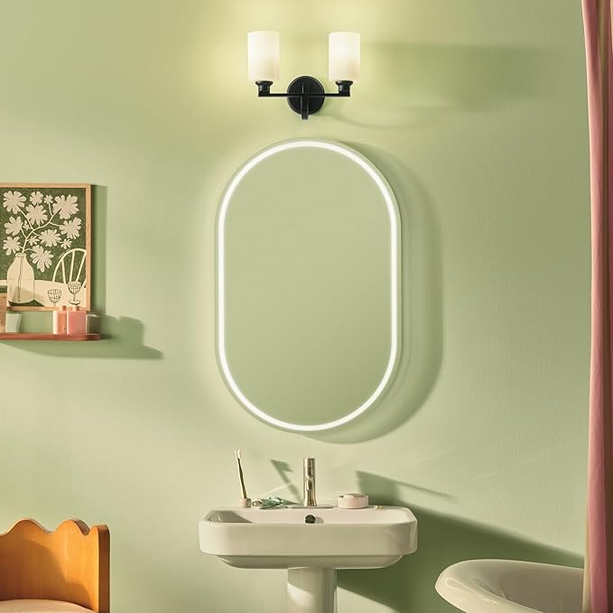 Kichler Gioe 2-Light Bathroom Vanity Light Fixture with Opal Glass, 14.25 in Modern Black Wall Sconce for Mirror, Damp Rated Lighting (14.25 in W x 10.5 in H), 55225BK